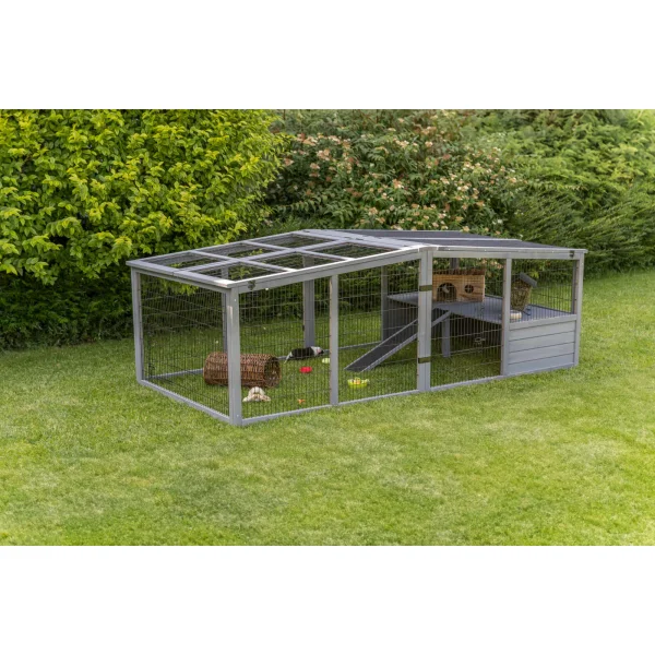 Freilaufgehege XL mit Abdeckung, Holz, grau 233x79x116 cm